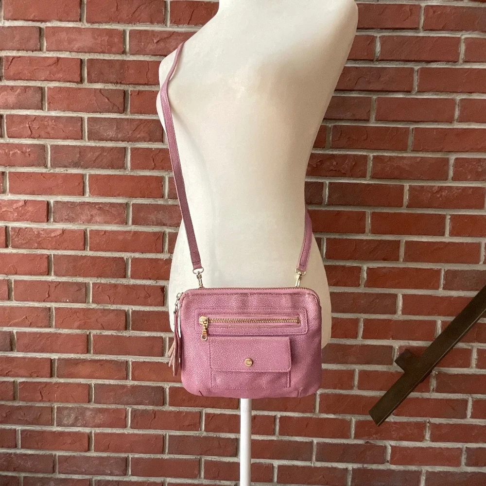•Abas Pink Lavender Embossed Leather Crossbody Bag ZipClutch Pouch